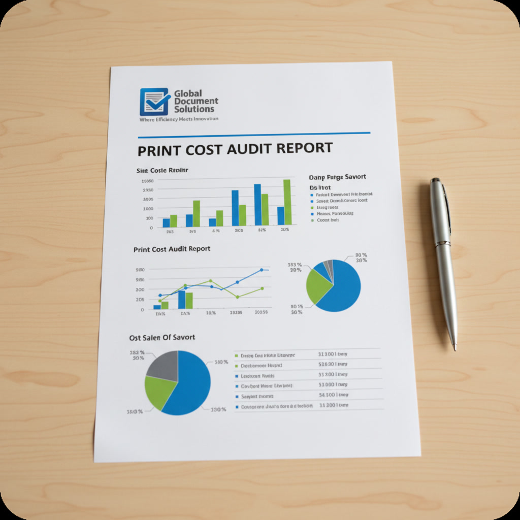 GDS Print Cost Audit Report showing charts and savings breakdown