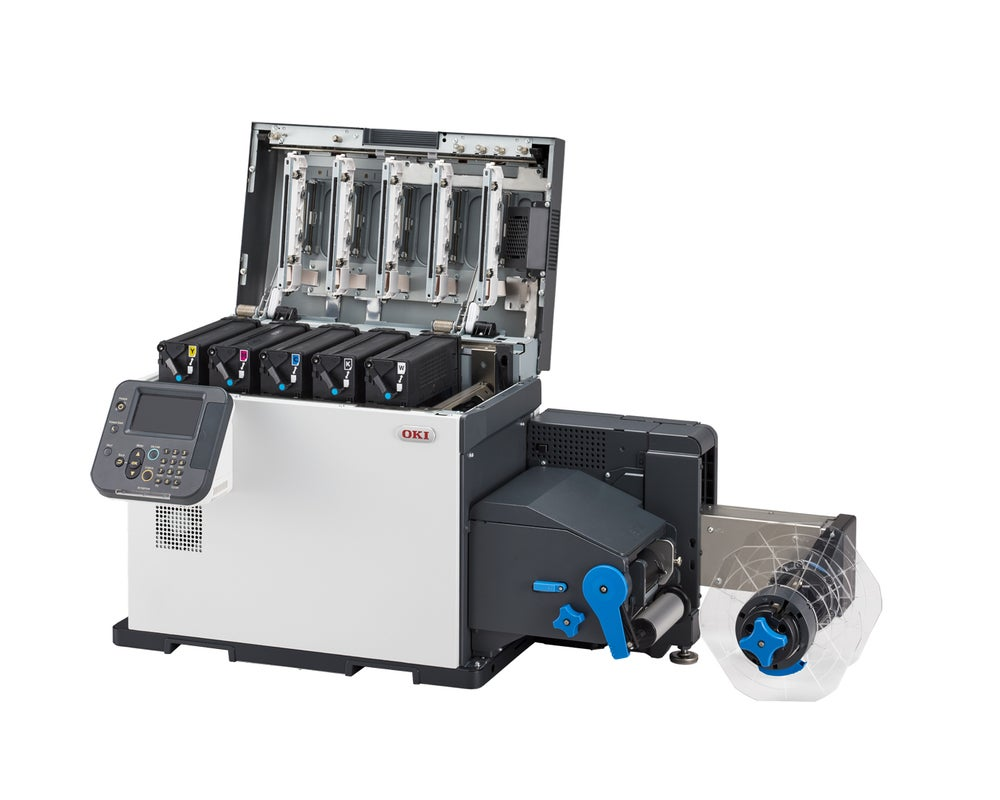 Five toner cartridges loaded in the OKI Pro 1050 print engine