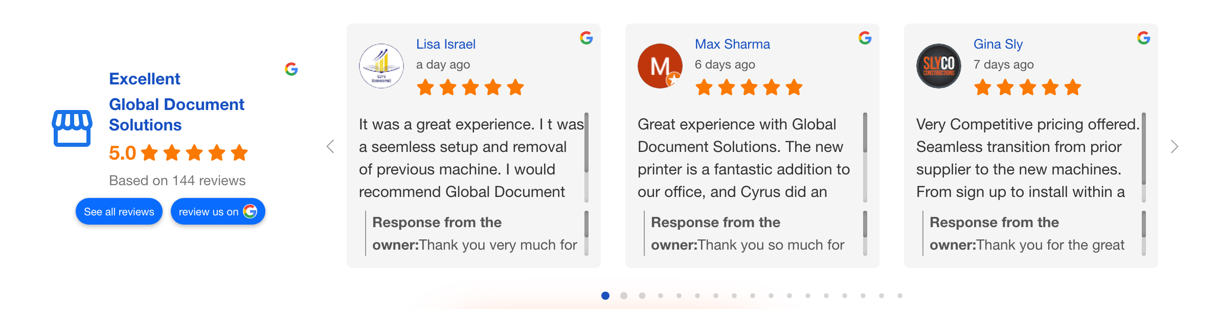 Google Reviews for Global Document Solutions. 4.9 stars from 144 reviews